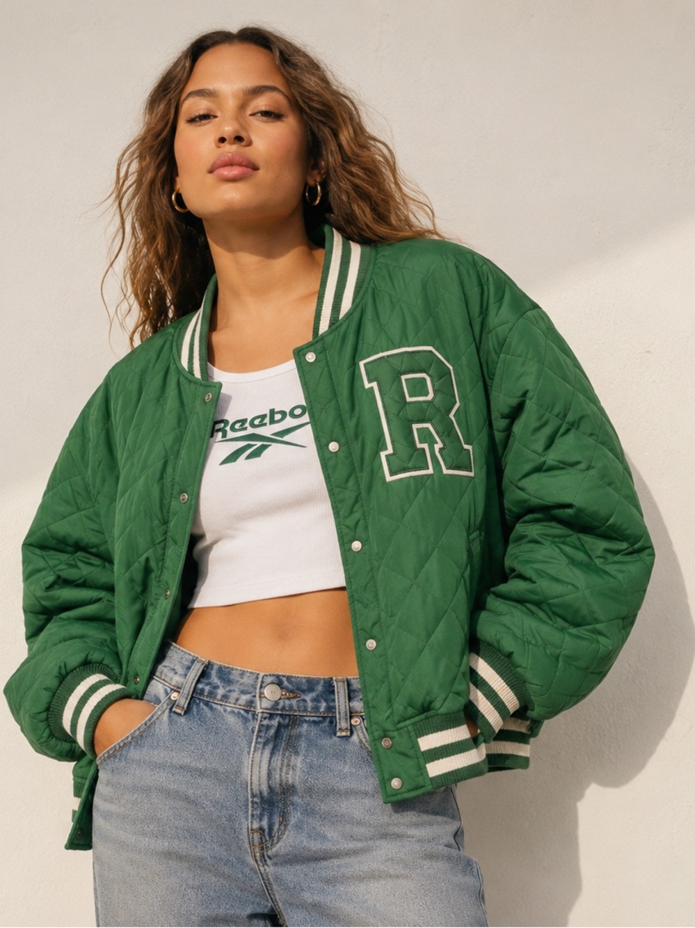 Forever 21 x Reebok Green Quilted Varsity Bomber Jacket M